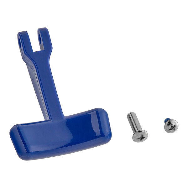 A blue plastic Waterloo glass filler lever arm with screws.