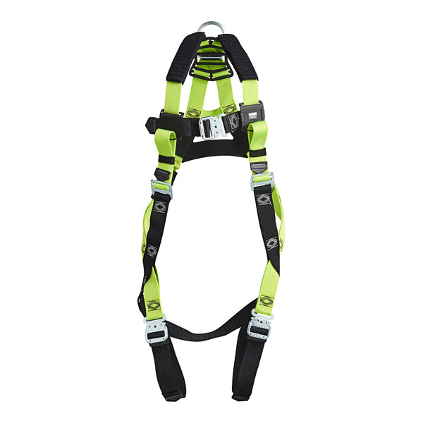 A green Honeywell Miller full-body harness with black straps.