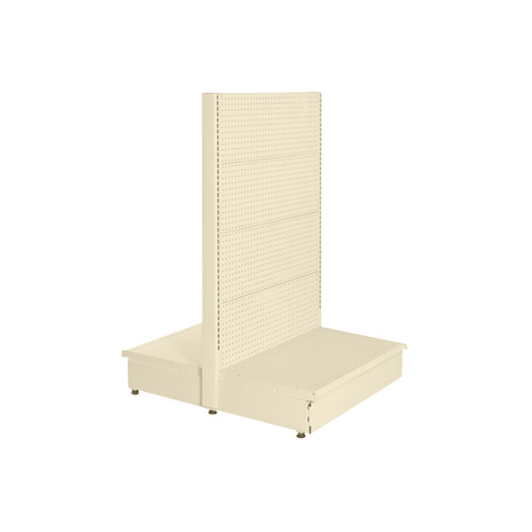 A beige double-sided pegboard gondola merchandiser with shelves on top.