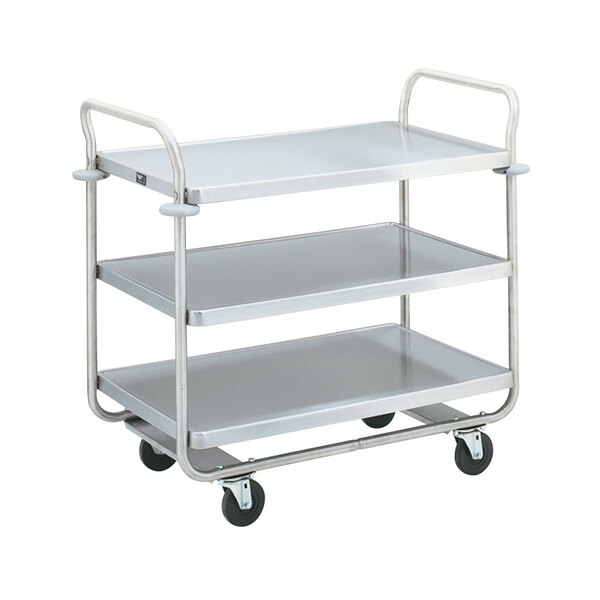 A Vollrath chrome metal 3 shelf cart with wheels.