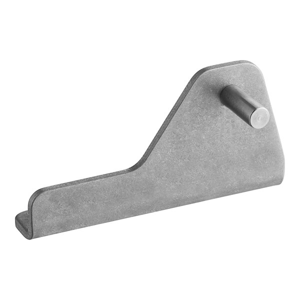 A grey metal hinge with a round metal handle and a metal bracket with a screw on the side.