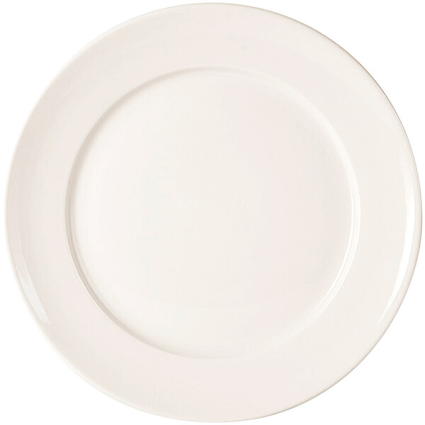 A Tuxton Columbia white china plate with a white rim.