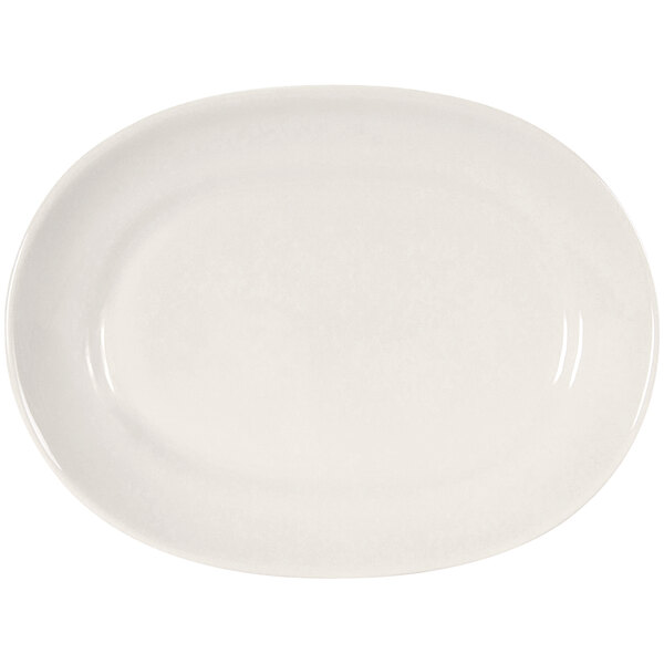A white Tuxton oval china platter with a white rim.