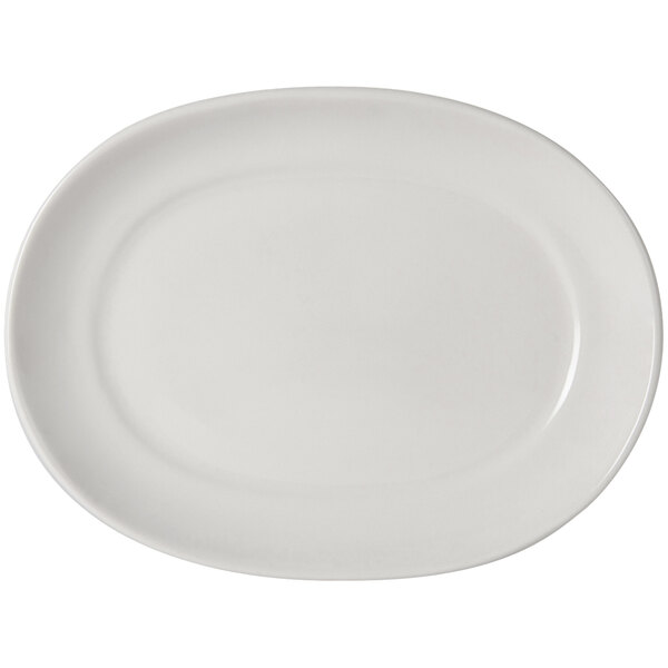 A Tuxton Columbia eggshell white china platter with a small rim.