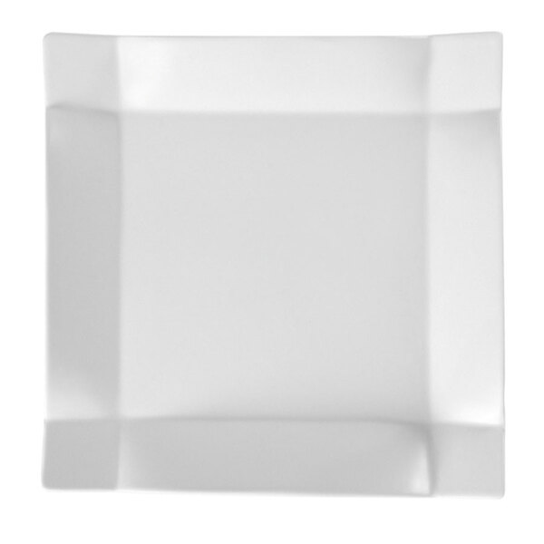 A bright white square china plate with a black square edge.
