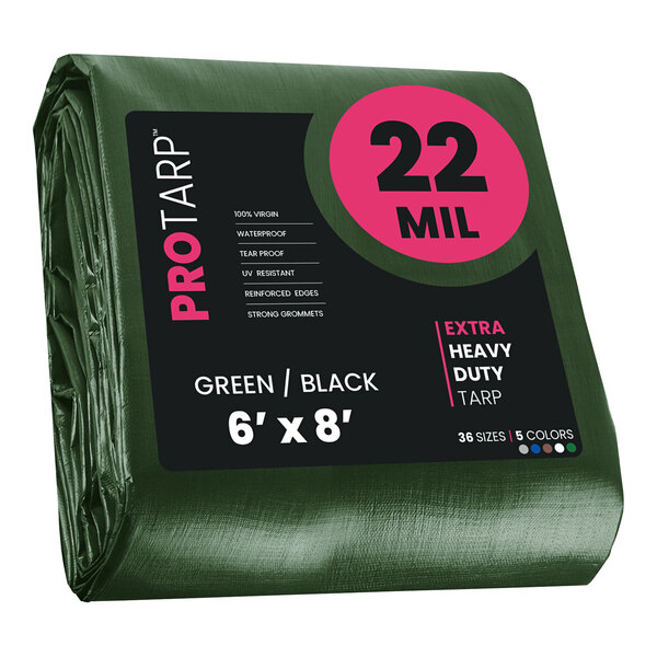 A green and black ProTarp with reinforced edges and 22 mil strength wrapped in plastic.