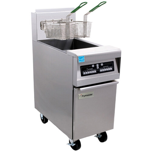 A Frymaster natural gas split pot deep fryer on wheels with two baskets.