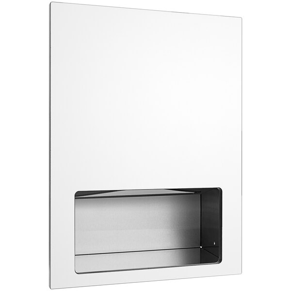 A white rectangular American Specialties, Inc. Piatto recessed paper towel dispenser cabinet with a clear window.