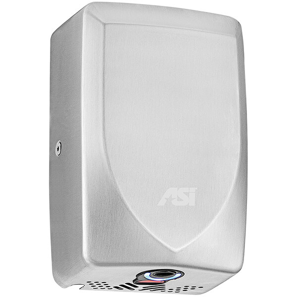 An American Specialties, Inc. stainless steel surface-mounted hand dryer.