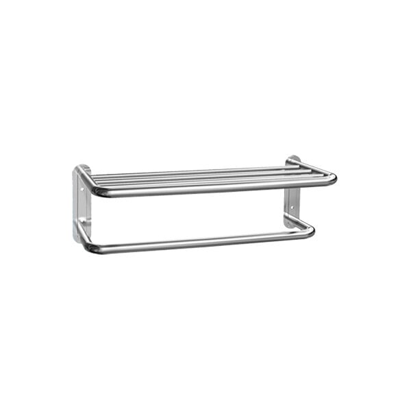 A bright stainless steel towel shelf with towel bar.