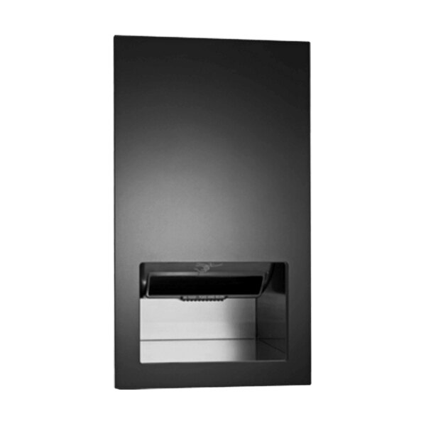 A black rectangular American Specialties, Inc. Piatto recessed automatic roll paper towel dispenser with a clear window.