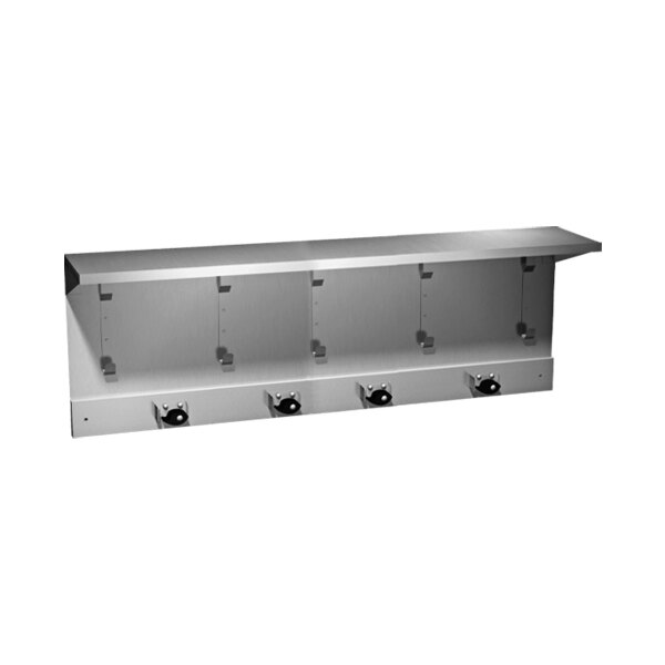 A stainless steel American Specialties, Inc. utility shelf with 4 mop / broom holders and 5 hooks.