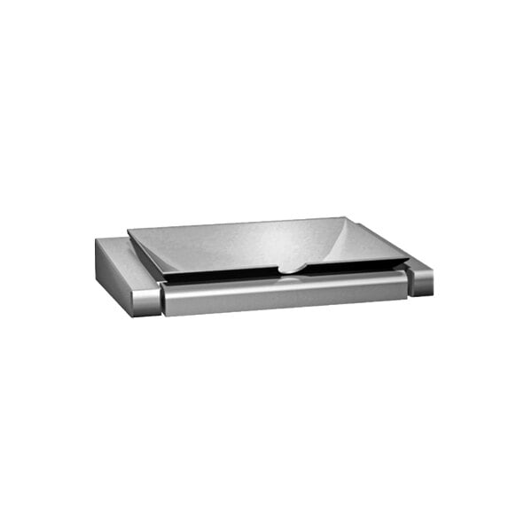 A silver rectangular American Specialties, Inc. surface-mounted ash tray with a black lid.