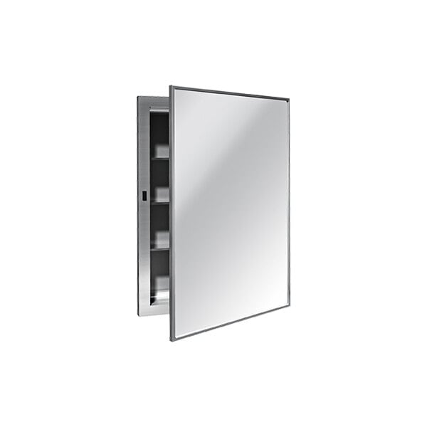 A white rectangular recessed medicine cabinet with a stainless steel mirror.