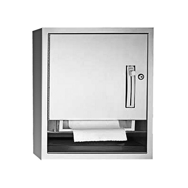 A white box with a stainless steel surface-mounted paper towel dispenser.