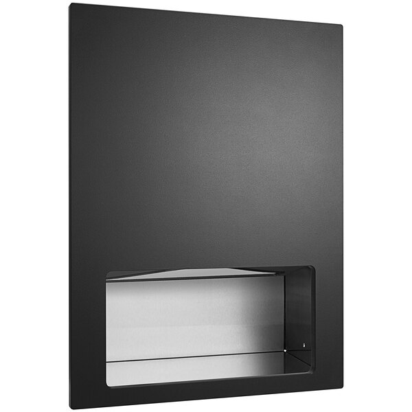 A black rectangular American Specialties, Inc. paper towel dispenser cabinet with a clear window.