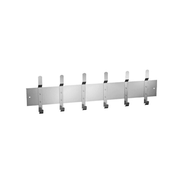A stainless steel wall mounted utility strip with six hooks.