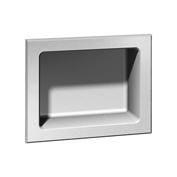 A stainless steel rectangular recessed soap dish with a hole in the bottom.