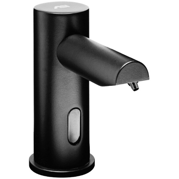 A close-up of an American Specialties, Inc. matte black top fill liquid soap dispenser with a button.