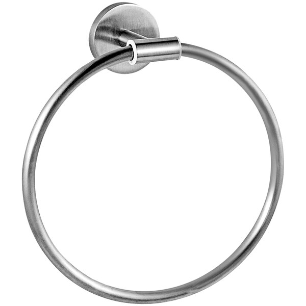 An American Specialties, Inc. stainless steel towel ring with a satin finish on a white background.