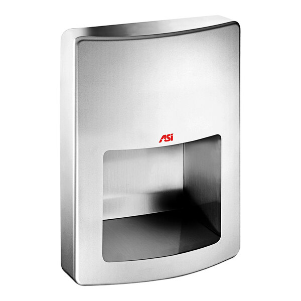 A silver rectangular American Specialties, Inc. hand dryer with a red button and a hole in the middle.