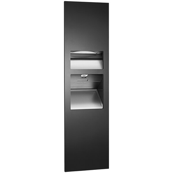 An American Specialties, Inc. black rectangular recessed paper towel dispenser with a silver automatic hand dryer.