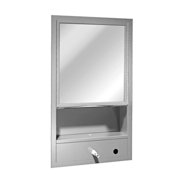 An American Specialties, Inc. recessed cabinet with mirror, shelf, and towel and soap dispensers.