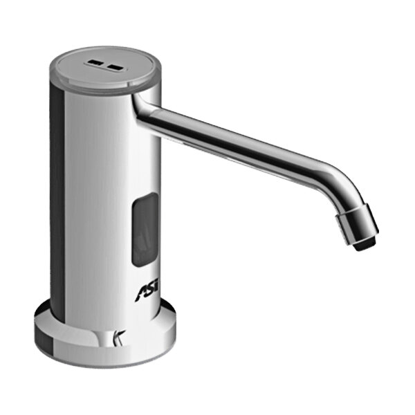 An American Specialties, Inc. stainless steel automatic liquid soap dispenser with a chrome finish and a black button.