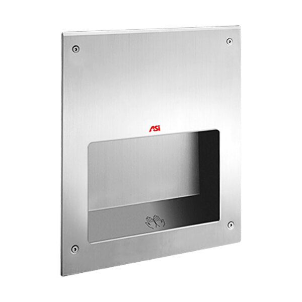 An American Specialties, Inc. silver rectangular wall-mounted hand dryer with a transparent window.