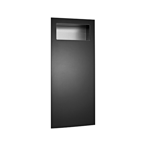 A black rectangular metal waste receptacle with a black matte door.