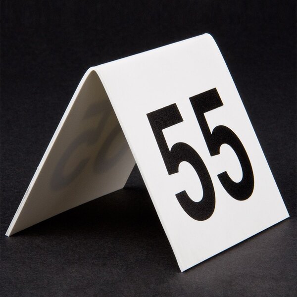 A white triangle-shaped card with the black number 55.