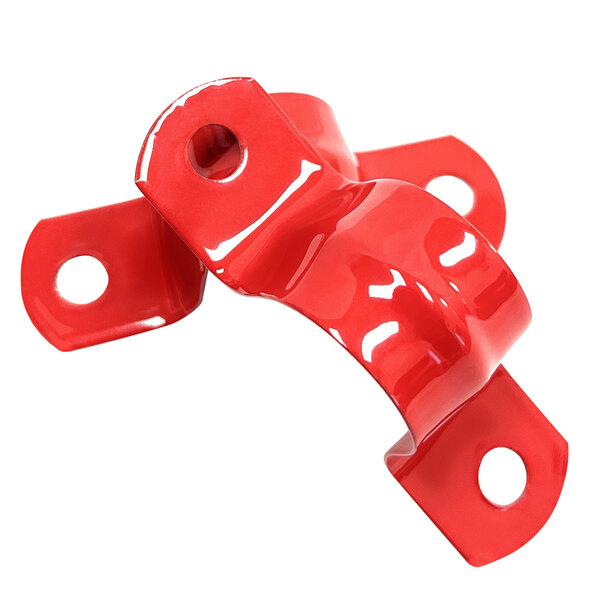 A red metal Bulman mounting bracket with two holes.