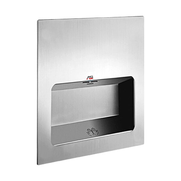 An American Specialties, Inc. stainless steel rectangular recessed automatic hand dryer.