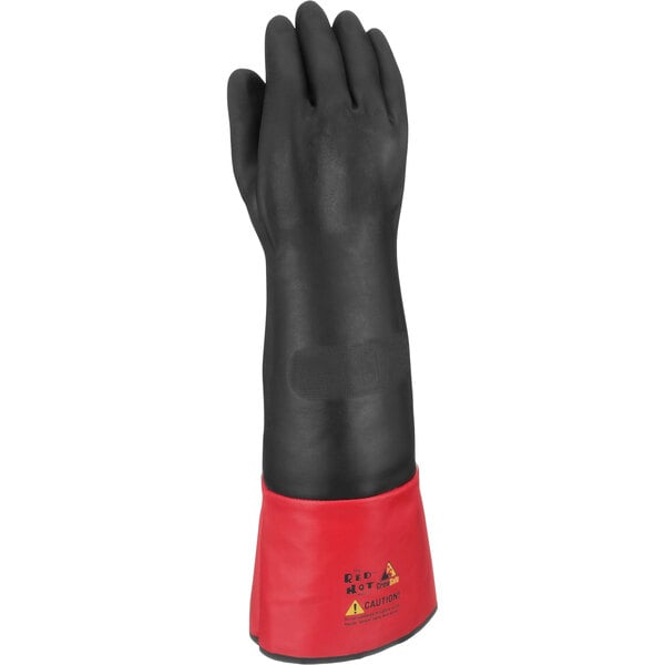 A black CrewSafe neoprene glove with red and black lining.