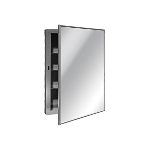 An American Specialties, Inc. stainless steel medicine cabinet with a mirror on the door.