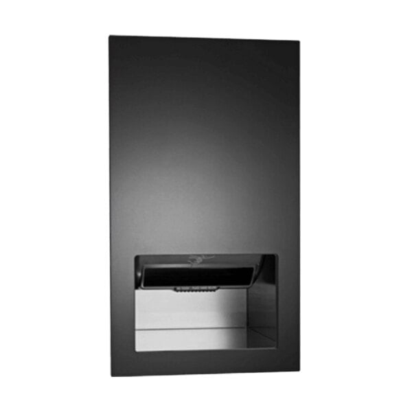 An American Specialties Piatto recessed paper towel dispenser with a black rectangular object and a clear window.
