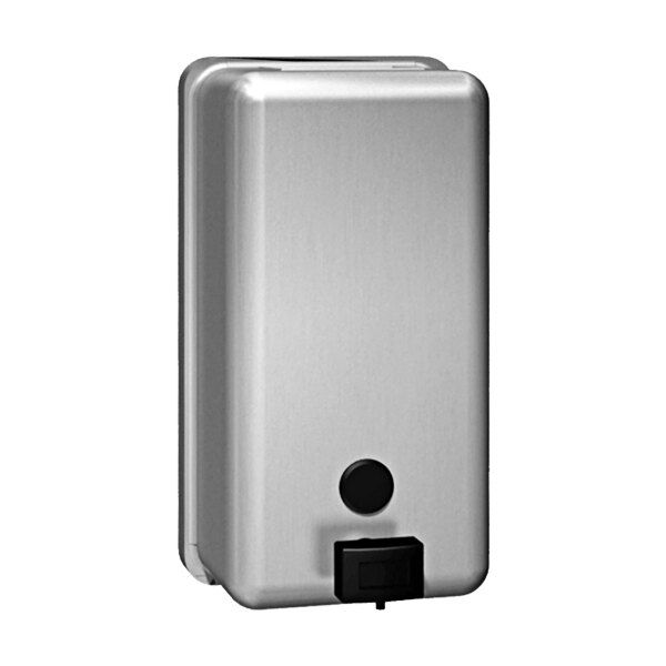 An American Specialties, Inc. stainless steel surface-mounted liquid soap dispenser with a black square button.