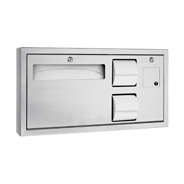 An American Specialties, Inc. stainless steel surface-mounted toilet paper dispenser with a white rectangular cover.