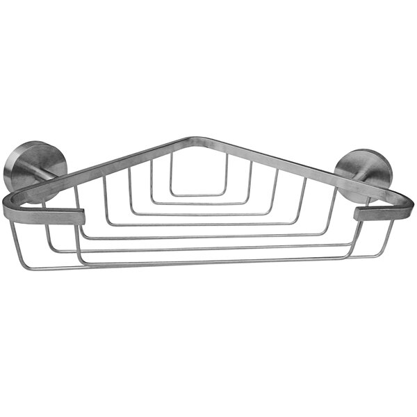 A stainless steel triangle-shaped corner soap basket.