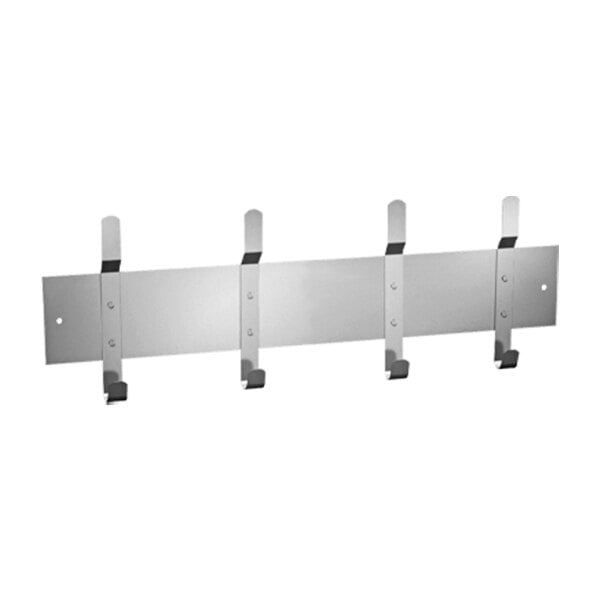 A stainless steel wall mounted utility strip with 4 hooks.