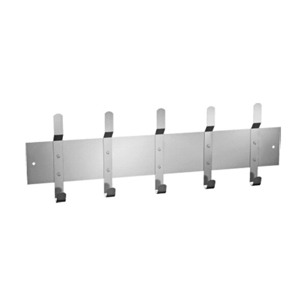 A stainless steel utility strip with 5 metal hooks.