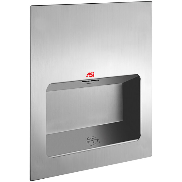 A silver rectangular American Specialties, Inc. stainless steel hand dryer with a logo of a hand inside a rectangle.
