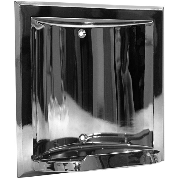 A chrome-plated rectangular recessed soap dish by American Specialties, Inc. with a hole in it.