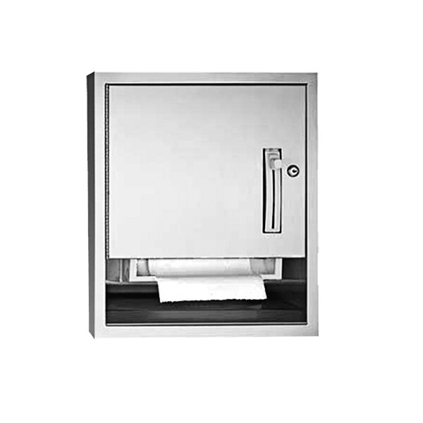 A stainless steel American Specialties, Inc. semi-recessed manual roll paper towel dispenser in a box with a black border.