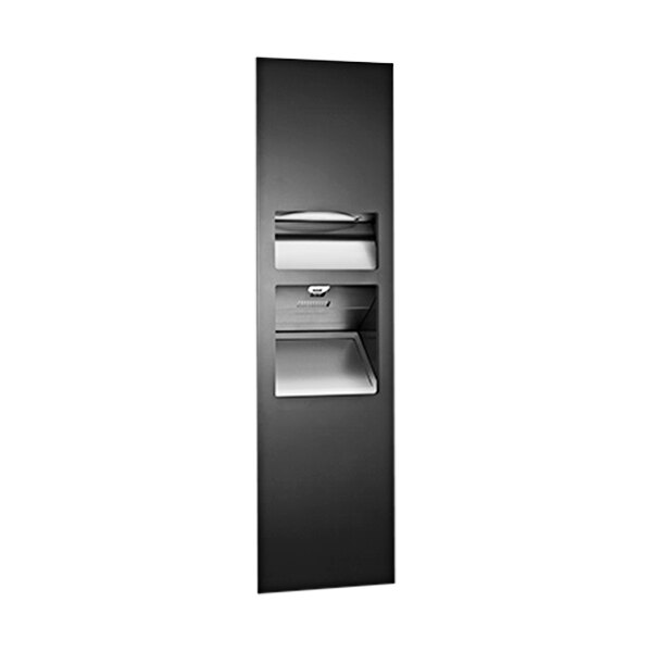 A black American Specialties, Inc. Piatto recessed paper towel dispenser with a black matte door.