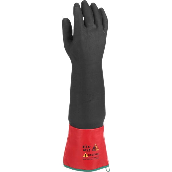 A black neoprene glove with red trim.