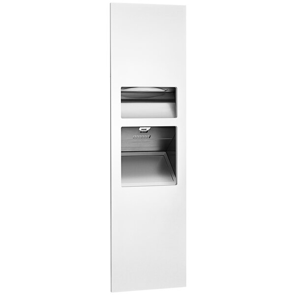 A white rectangular American Specialties, Inc. Piatto recessed paper towel dispenser with a door.