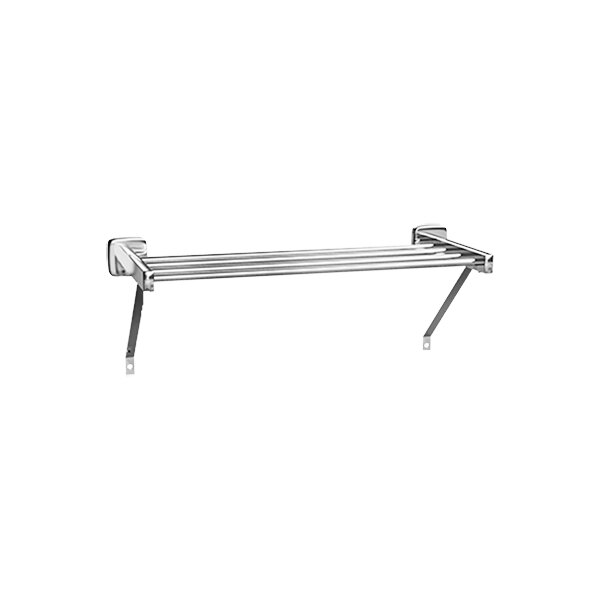 An American Specialties, Inc. stainless steel towel shelf with metal brackets.