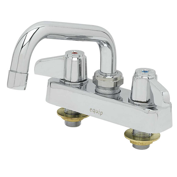 A chrome Equip by T&S deck-mounted workboard faucet with two handles and a swing nozzle.