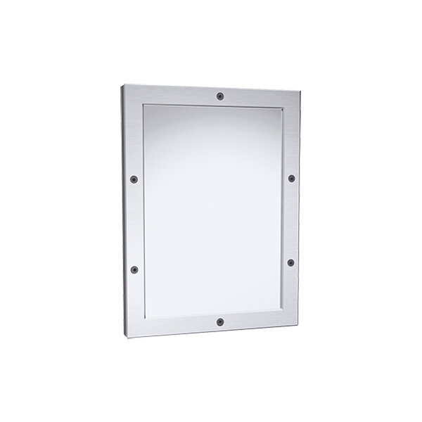 An American Specialties, Inc. wall mounted security mirror with a white rectangular frame and screws.